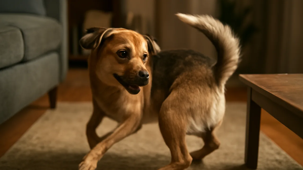 Ev içinde geçekçi bir fotoğraf karesi: köpek kuyruk kovalarken yakalanmış, tek yan pencere ışığıyla sıcak tonlarda ve doğal, dağınık bir ev arka planı hafif flu görünür.