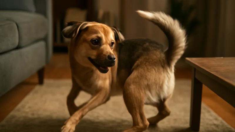 Ev içinde geçekçi bir fotoğraf karesi: köpek kuyruk kovalarken yakalanmış, tek yan pencere ışığıyla sıcak tonlarda ve doğal, dağınık bir ev arka planı hafif flu görünür.